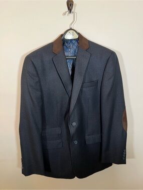 Van Heusen Studio Mens Plaid Blazer Sport Coat Elbow Patch Paisley Lined